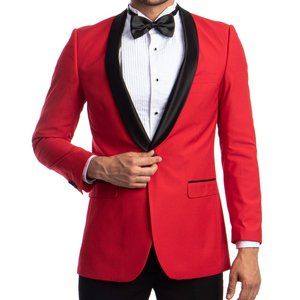 Luxurious Bright Red Tuxedo Blazer Jacket, Black Shawl Lapel by Tazio